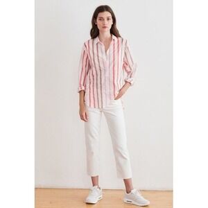 Velvet by Graham NWT Spencer Striped Button Down Shirt Coral Pink Brown White XS